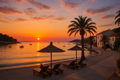 The image depicts a serene coastal scene showcasing a vibrant sunset casting warm hues of orange and pink across the sky  The atmosphere is tranquil evoking a sense of relaxation and enjoyment perfect for travelers seeking both adventure and rest in-2