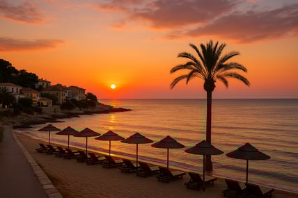 The image depicts a serene coastal scene showcasing a vibrant sunset casting warm hues of orange and pink across the sky  The atmosphere is tranquil evoking a sense of relaxation and enjoyment perfect for travelers seeking both adventure and rest in-3