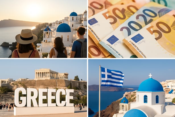 tourism in Greece and money euros photo collage-1